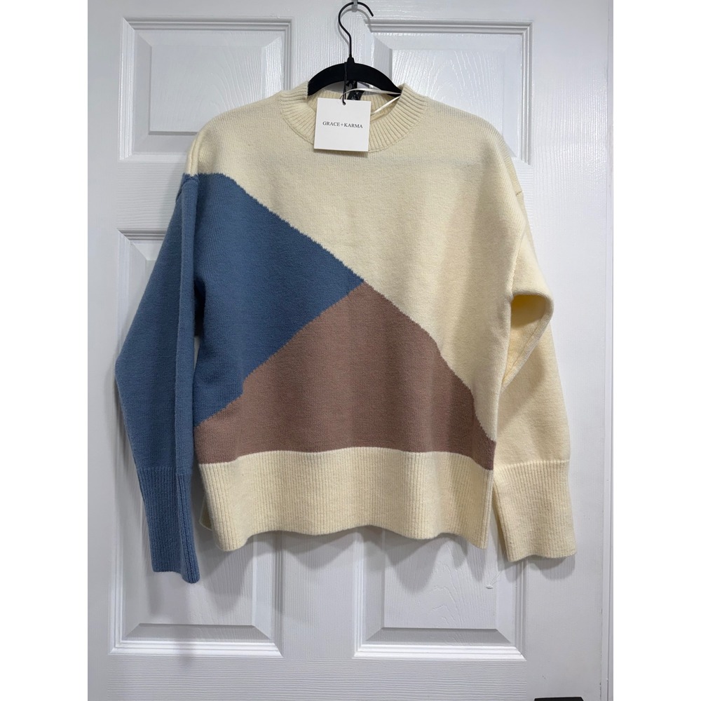 Grace + Karma Womens Colorblock Mock Neck Knit Sweater Cream Blue Brown Size M‎